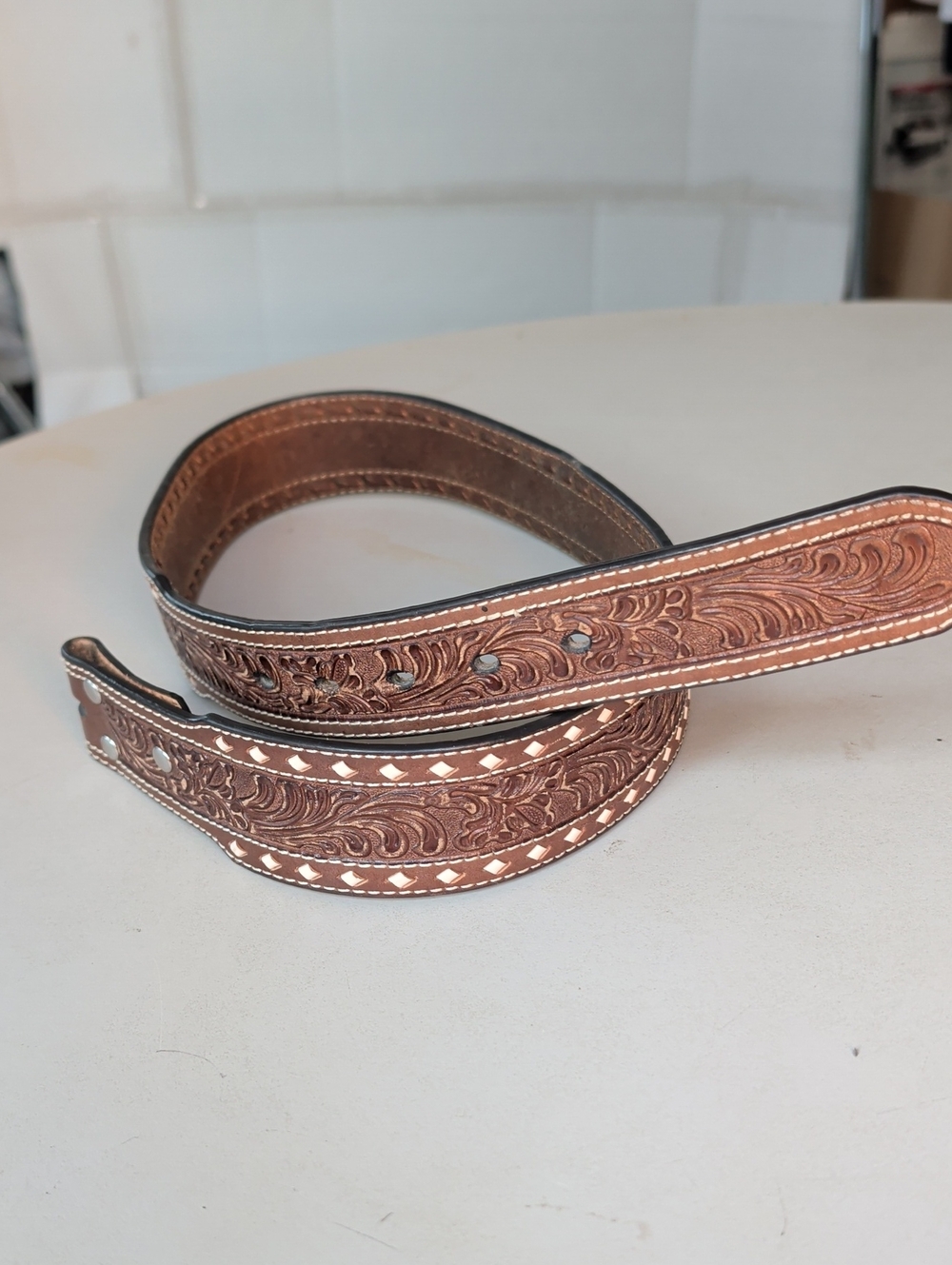 Tooled Brown Leather Men's Belt with Cream Diamond Inlay Floral Accents